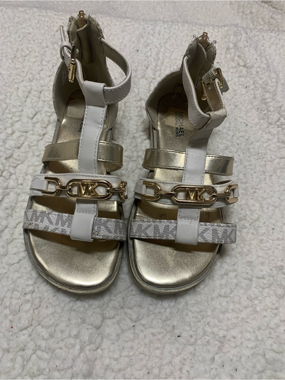 Michael Kors White & Gold Strappy Logo Chain Sandals